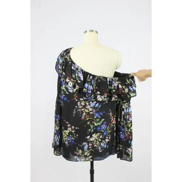 PARKER Lima Boboli Black Floral Silk Georgette Off The Shoulder Blouse, Size L - Picture 6 of 9